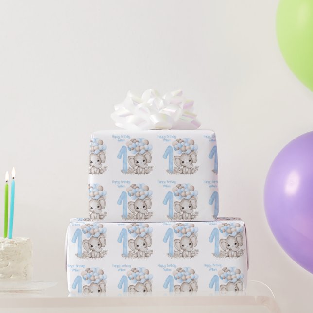 Cute Elephant | 1st Birthday Boy Blue Personalised Wrapping Paper (Party Gifts)