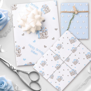 Cute Elephant   1st Birthday Boy Blue Personalised Wrapping Paper Sheet