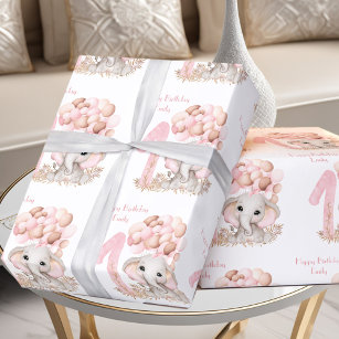 Cute Elephant 1st Birthday Girl Pink Personalised Wrapping Paper
