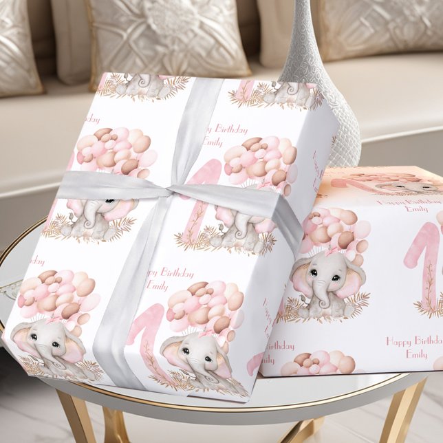 Cute Elephant 1st Birthday Girl Pink Personalised Wrapping Paper (Cute Elephant 1st Birthday Girl Pink Personalized Wrapping Paper)