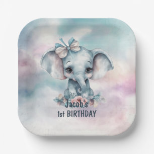 Cute Elephant 1st Birthday Paper Plate