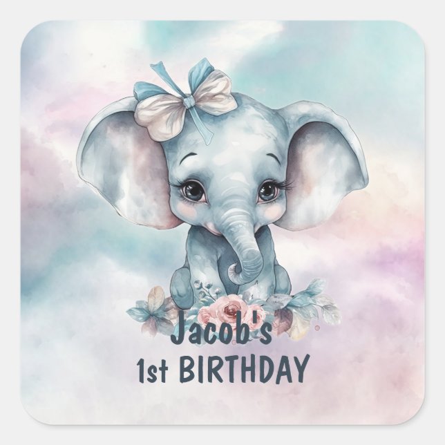 Cute Elephant 1st Birthday Party Square Sticker (Front)