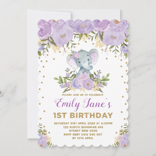 Cute Elephant 1st Birthday Purple Gold Flowers Invitation (Front)