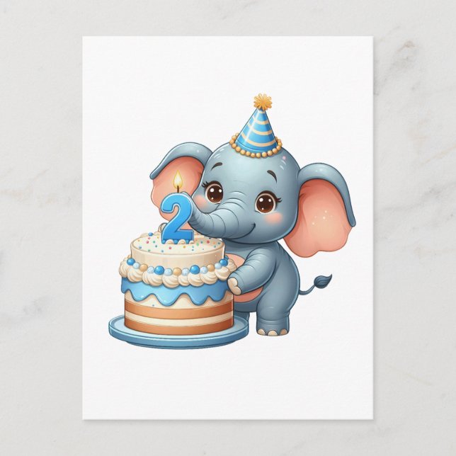 Cute Elephant 2nd Birthday Invitation Postcard (Front)