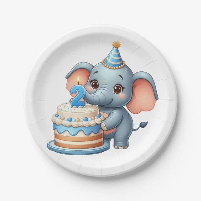 Cute Elephant 2nd Birthday Paper Plate (Front)