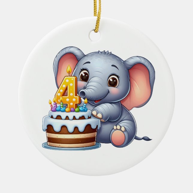 Cute Elephant 4th Birthday Ceramic Tree Decoration (Front)