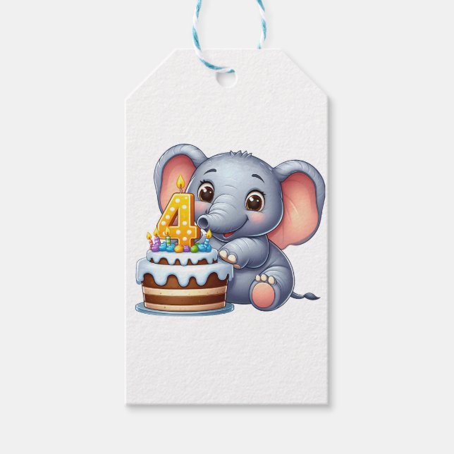 Cute Elephant 4th Birthday Gift Tags (Front)
