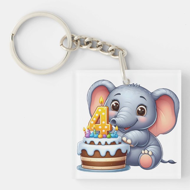 Cute Elephant 4th Birthday Key Ring (Front)