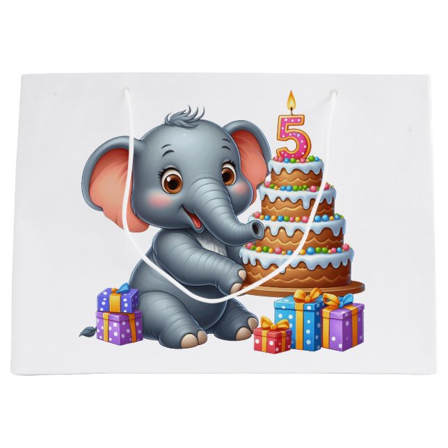 Cute Elephant 5th Birthday Large Gift Bag (Front)