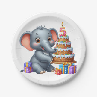 Cute Elephant 5th Birthday Paper Plate