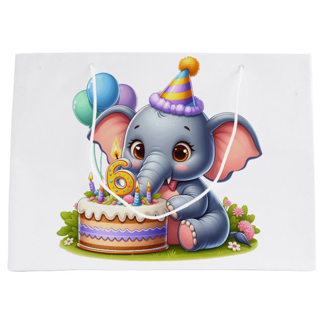 Cute Elephant 6th Birthday Large Gift Bag (Front)