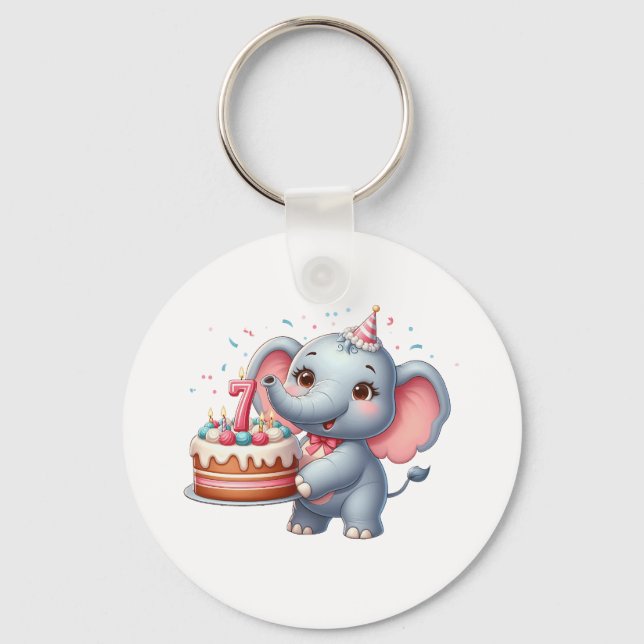 Cute Elephant 7th Birthday Key Ring (Front)