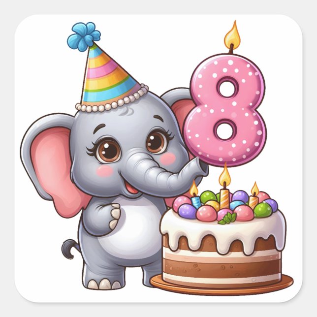 Cute Elephant 8th Birthday Square Sticker (Front)