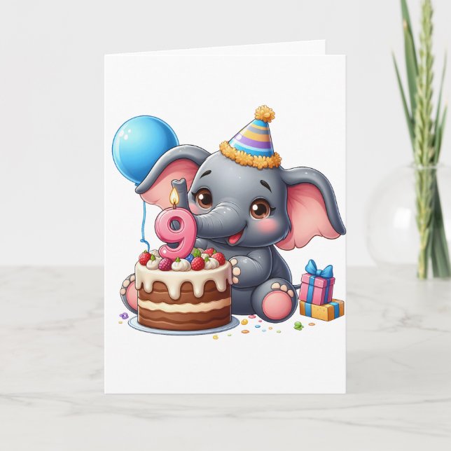 Cute Elephant 9th Birthday Card (Front)