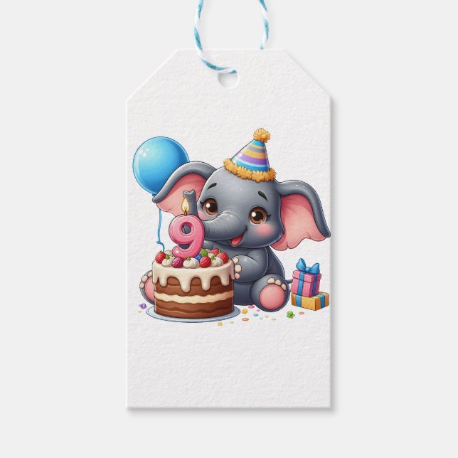 Cute Elephant 9th Birthday Gift Tags (Front)