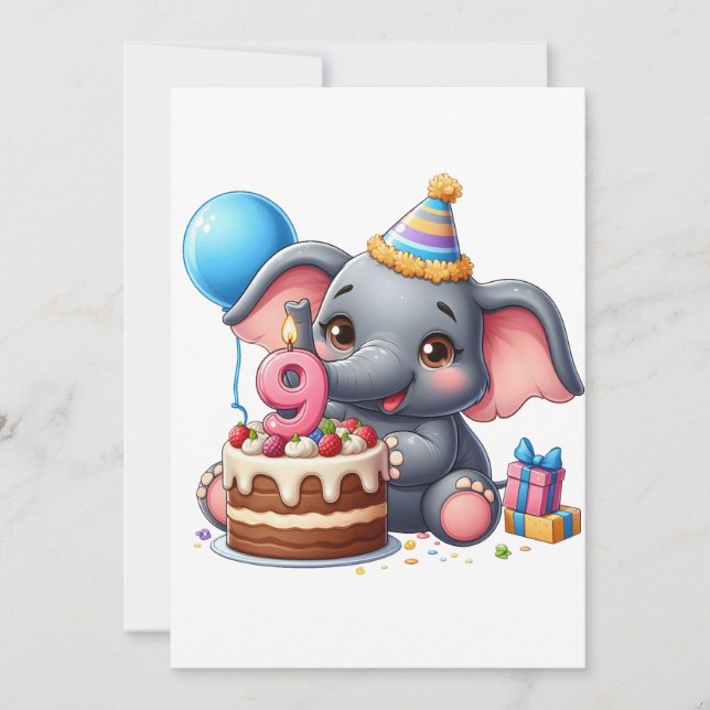Cute Elephant 9th Birthday Invitation (Front)
