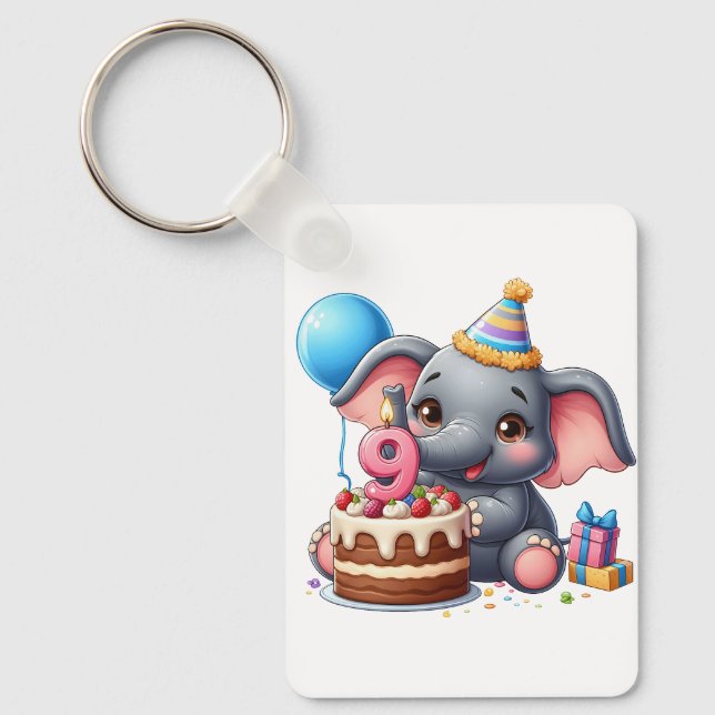 Cute Elephant 9th Birthday Key Ring (Front)