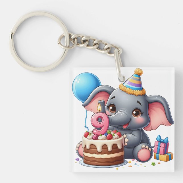 Cute Elephant 9th Birthday Key Ring (Front)
