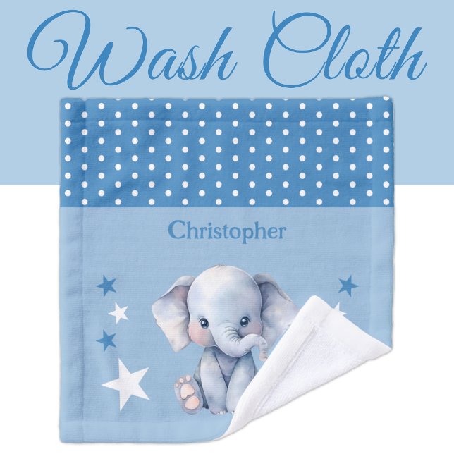 Cute elephant add name polka dots stars blue wash cloth (Creator Uploaded)