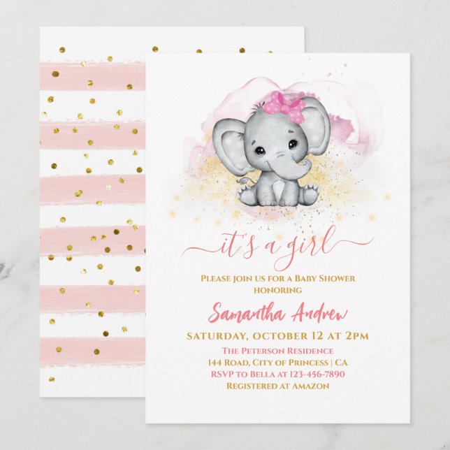 Cute Elephant Adorable Rose Gold Baby Girl Shower Invitation (Front/Back)