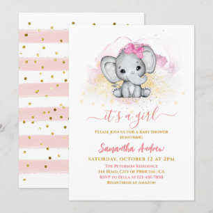 Cute Elephant Adorable Rose Gold Baby Girl Shower Invitation