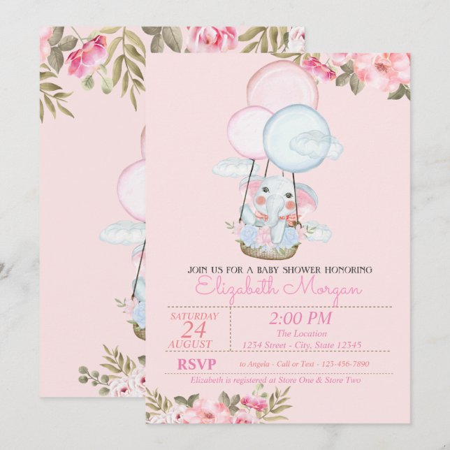 Cute Elephant,Air Balloon Floral Baby Shower Invitation (Front/Back)