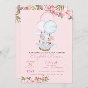 Cute Elephant,Air Balloon Floral Baby Shower Invitation