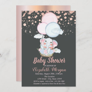 Cute Elephant,Air Balloon,Rose Gold Baby Shower Invitation