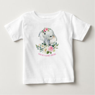 Cute Elephant and BLush Pink Floral 1st birthday Baby T-Shirt