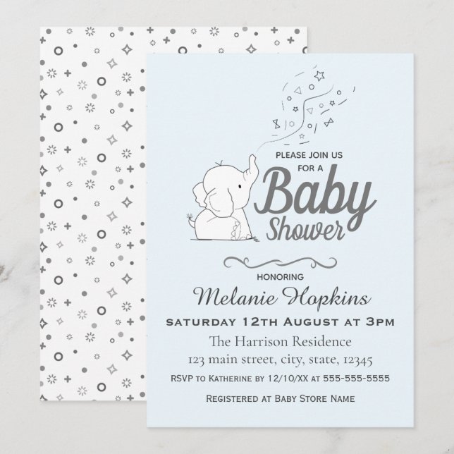 Cute Elephant and Confetti Blue Baby Shower Invitation (Front/Back)