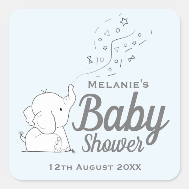 Cute Elephant and Confetti Blue Baby Shower Square Sticker (Front)