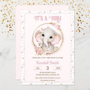 Cute Elephant and Flowers Pink Baby Shower Invitation