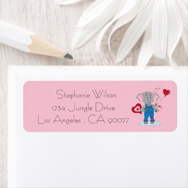 Cute Elephant and Hearts Pink Return Address Label (Insitu)