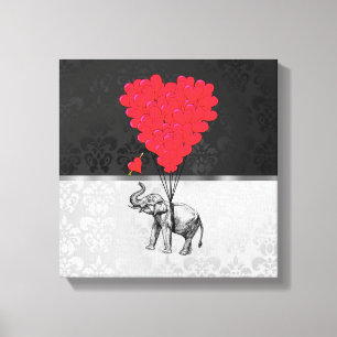 Cute elephant and love heart on gray canvas print