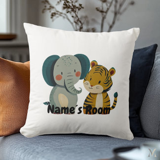 Cute Elephant and Tiger Nursery Illustration Cushion