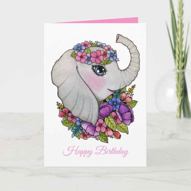 Cute Elephant And Wild Flowers In Watercolor Card (Front)