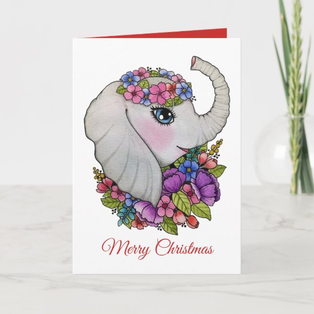 Cute Elephant And Wild Flowers In Watercolor Card (Front)