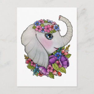 Cute Elephant And Wild Flowers In Watercolor Postcard