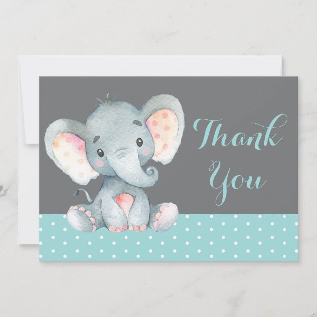 Cute Elephant Baby Aqua Teal Turquoise and Grey Thank You Card (Front)