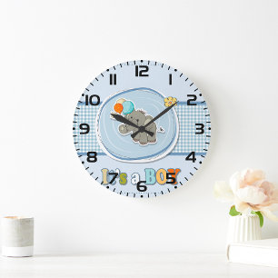 Cute Elephant Baby Boy Announcement  Large Clock