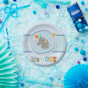 Cute Elephant Baby Boy Announcement  Paper Plate