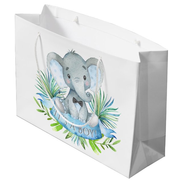 Cute Elephant Baby Boy Baby Shower Large Gift Bag (Back Angled)
