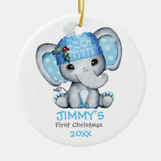 Cute Elephant Baby Boy Baby's First Christmas Ceramic Tree Decoration (Front)