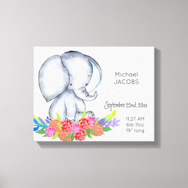Cute Elephant Baby Boy Birth Record Stats Canvas Print (Front)