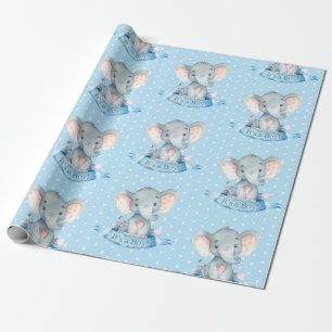 Cute Elephant Baby Boy Blue and Gray Wrapping Paper