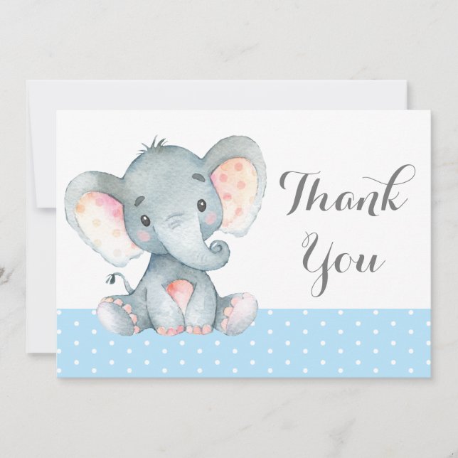 Cute Elephant Baby Boy Blue and Grey Thank You Card (Front)
