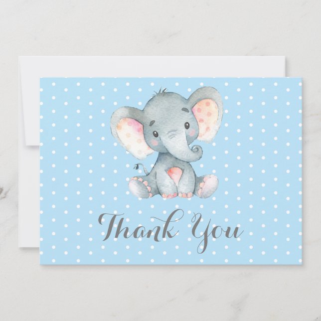 Cute Elephant Baby Boy Blue and Grey Thank You Card (Front)