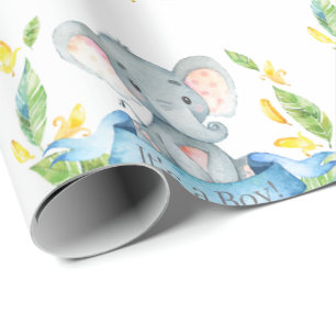 Cute Elephant Baby Boy Blue and Grey Wrapping Paper