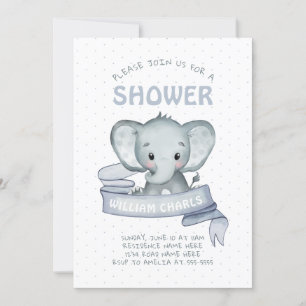Cute Elephant Baby Boy Blue White Modern Simple Invitation