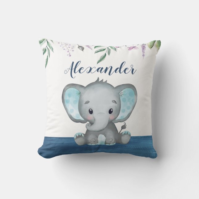 Cute Elephant Baby Boy Custom Name Blue Wood Cushion (Front)